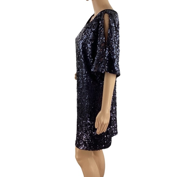 Aidan Mattox Navy Sequin Cold Shoulder Shift Dress Size 10 - Picture 4 of 7